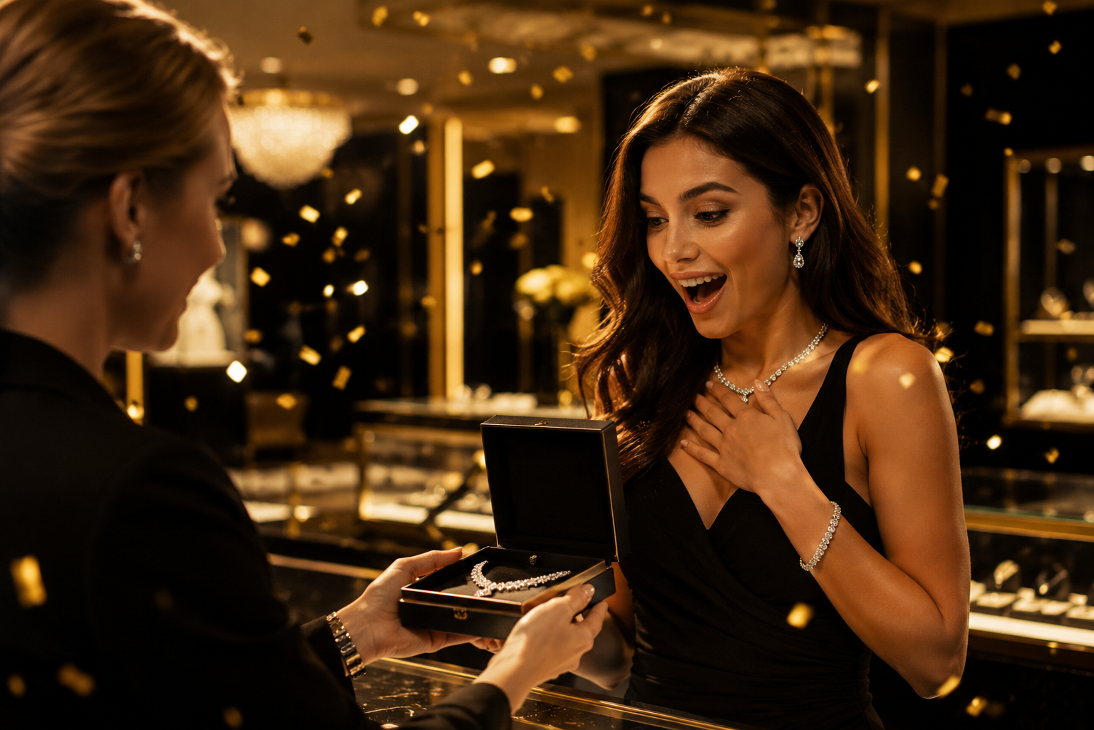 A member receiving fine jewellery amid golden celebration