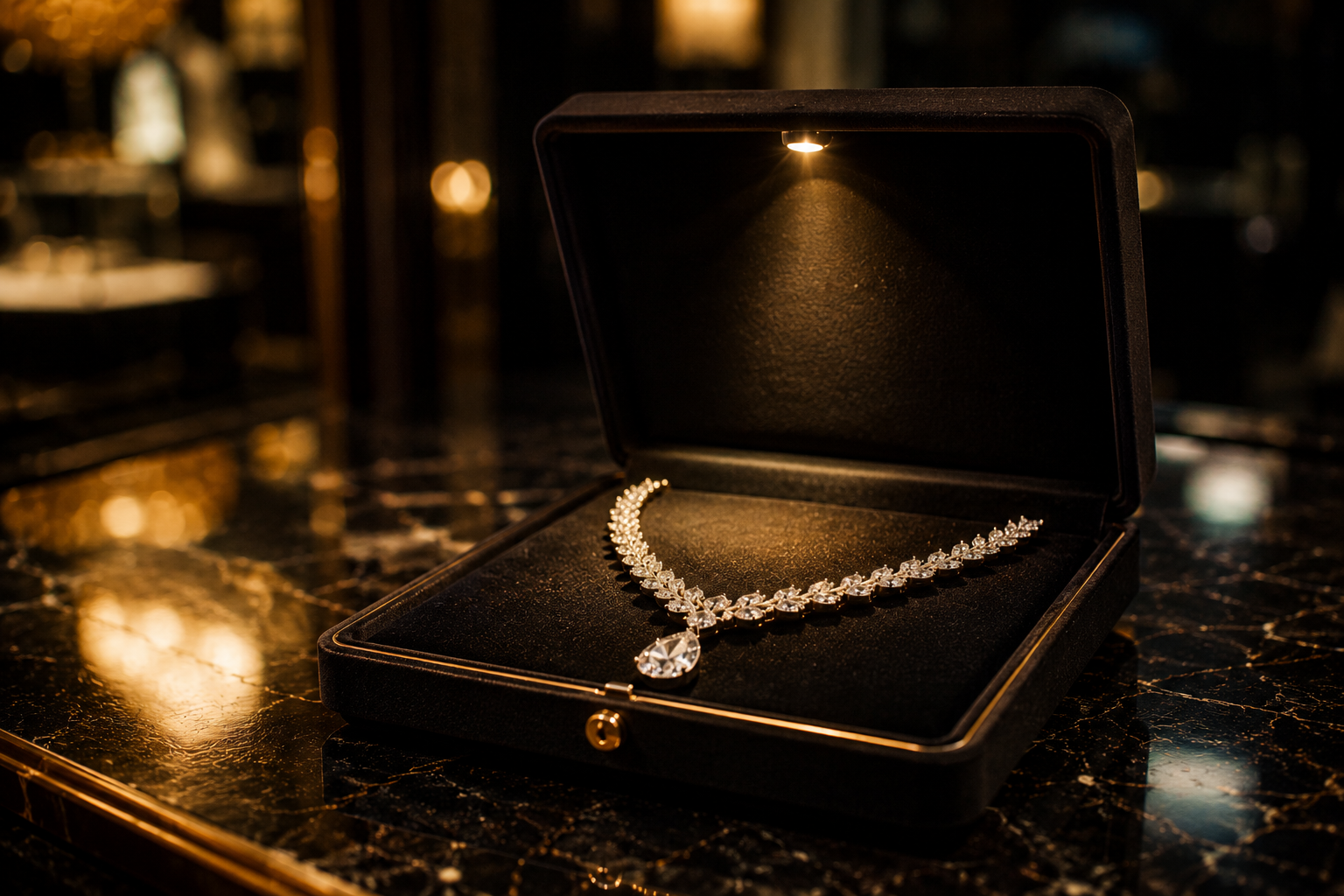 A Dubai Jewellery diamond necklace presented in its box