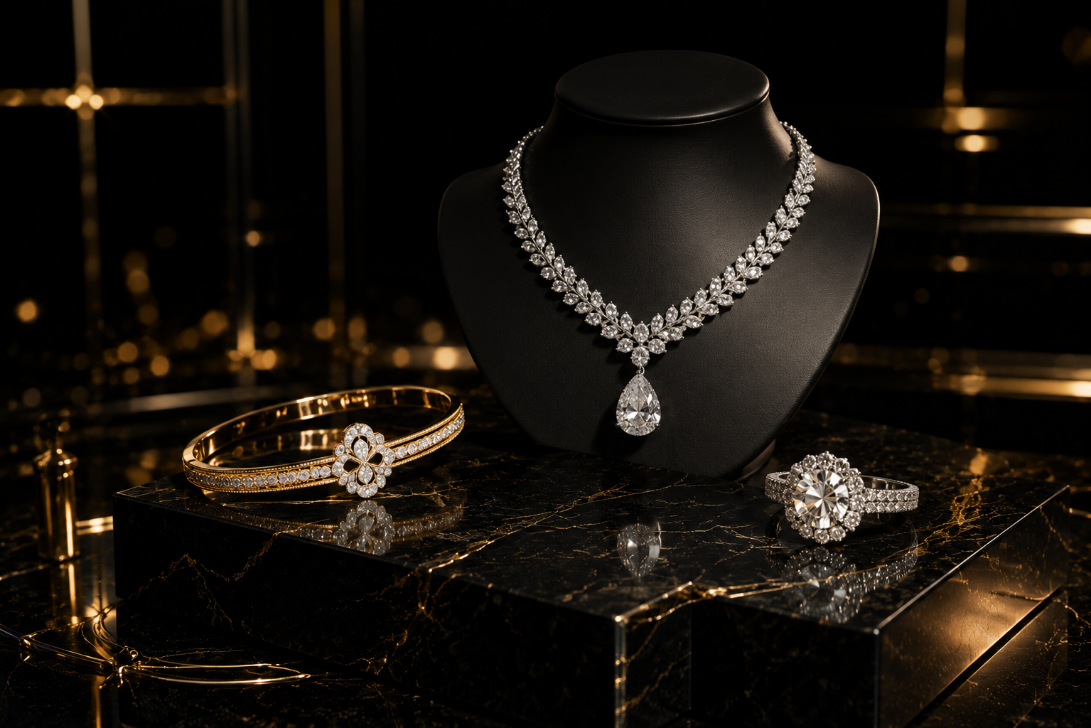 Diamond necklace, gold bracelet and diamond ring under museum lighting